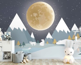 Big Moon Nursery Wallpaper: Mountain Polar Bear Kids Room Wall Mural