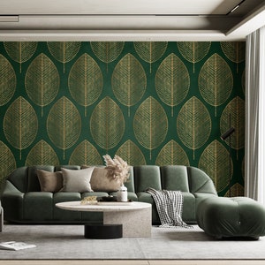 Sfondo verde, carta da parati con grandi foglie dorate, carta da parati murale con foglie dorate, elegante decorazione floreale, decorazione murale facile da staccare e attaccare