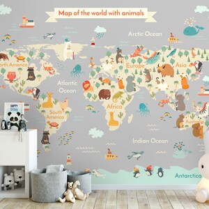 Carta da parati per cameretta dei bambini con mappa del mondo grigia e beige con animali, decorazione unisex per la cameretta dei bambini, murale con mappa del mondo, stampa educativa, adesivo da parete
