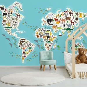 Carta da parati per cameretta dei bambini con tema "Il mondo degli animali" in turchese, murale per cameretta dei bambini con mappa del mondo, simpatica decorazione murale con animali, facile da rimuovere, staccare e attaccare.