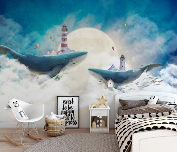 Cute Kawaii Whale Modern Nursery Print Nautical Sea Kids Room Wall Picture 