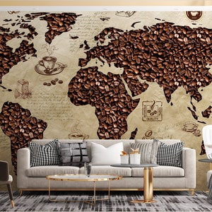 Kaffeebohnen Weltkarte Tapete, Cafe Shop Wandbild, leicht entfernbares Restaurant Wandbild Latte Espresso Mokka Cappucino