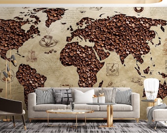 コーヒー豆の世界地図の壁紙：カフェレストランの壁画 - Etsy 日本