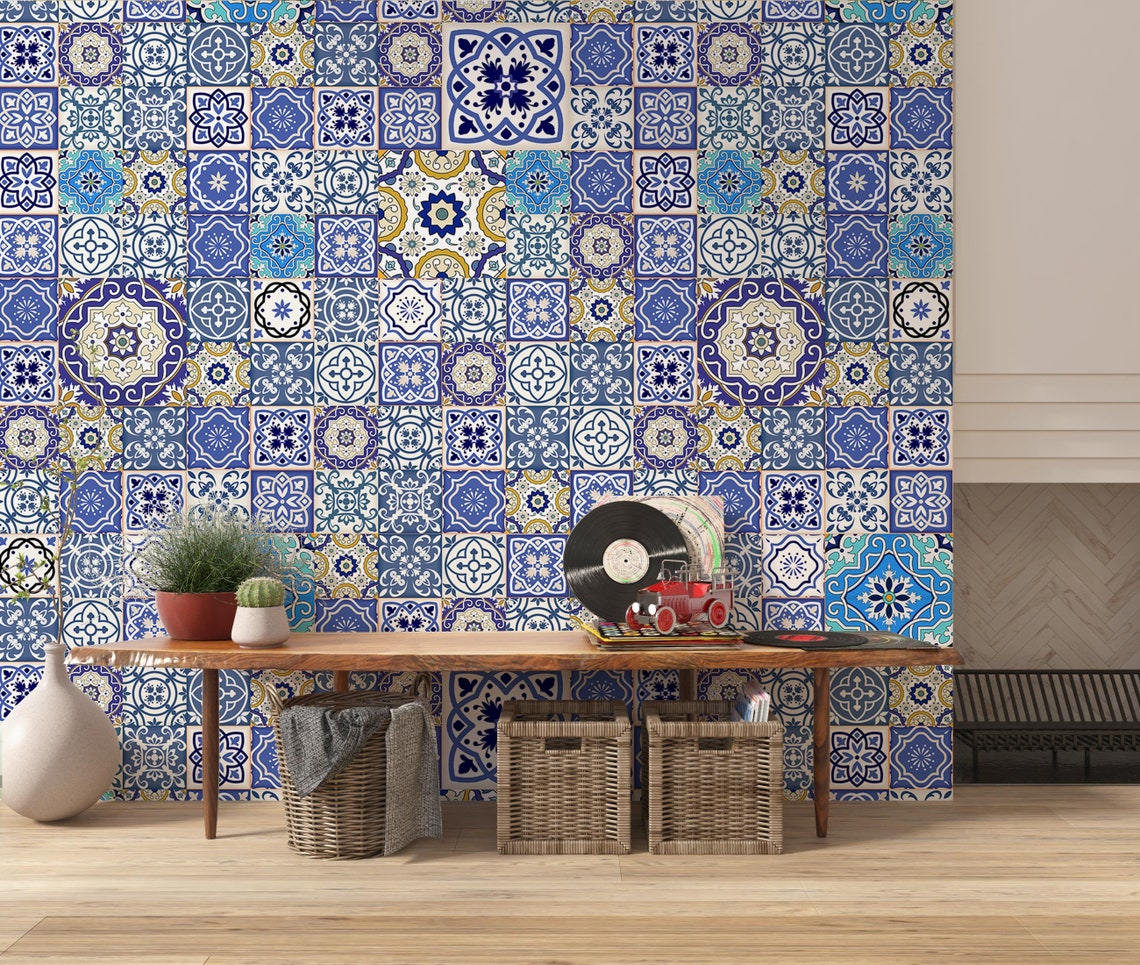 Mediterranean Tile Living Room Wallpaper Moroccan Tiles | Etsy