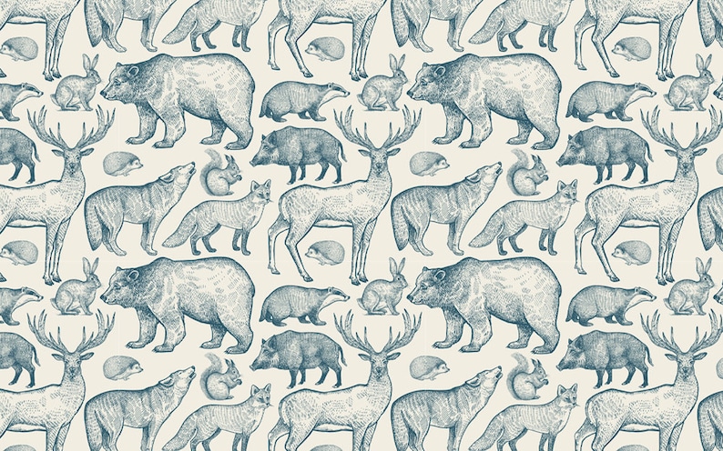 Puede incluir: Un patr&oacute;n sin costuras que presenta una variedad de animales del bosque, incluidos ciervos, osos, zorros, tejones, jabal&iacute;es, ardillas, conejos y erizos. Los animales est&aacute;n dibujados en un estilo vintage con un esquema de color azul y blanco.
