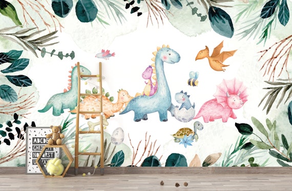 Cute Baby Dinosaur Nursery Wallpaper Tropical Leaves and Dinosaurs Kids Room Wall Print Easy Removable Wall Decor Etsy Norway