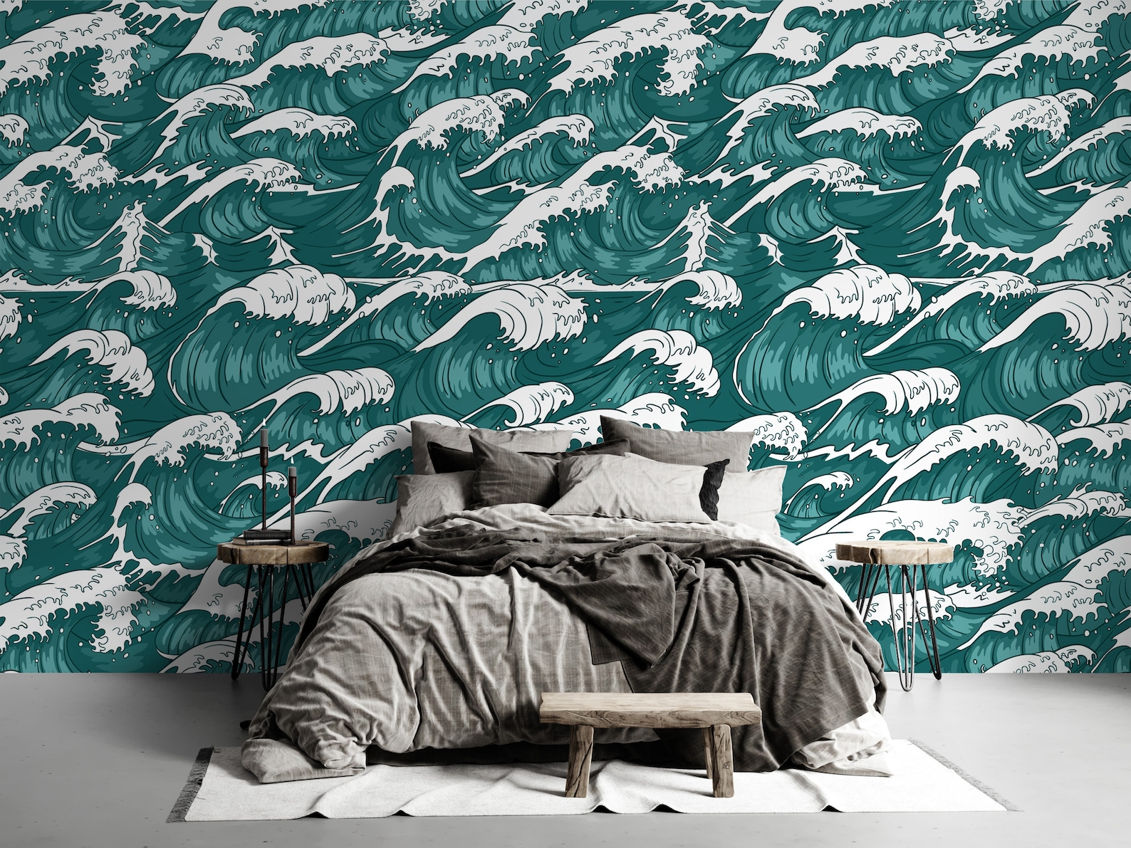 Japanese Style Wave Wallpaper Oriental Sea Waves Wall Mural Etsy