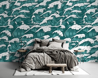 Japanese Wave Wallpaper: Oriental Sea Mural, Living Room Decor