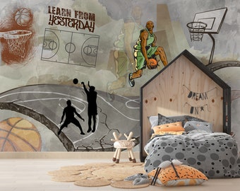 Carta Da Parati Panoramica Basket 400x280 Cm – Murale In Seta 8 Pannelli, Tema Sportivo, Colori Vivaci, Per Soggiorno, Camera E Studio