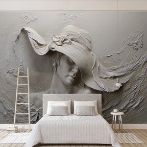 3D Look Relief Beauty Women with Hat Wallpaper, Concrete Background Art Wall Mural, Easy Removable Living Room Wall Decor