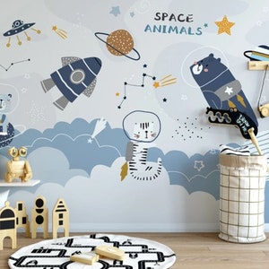 Space Wallpaper for Kids Room | Blue Wallpaper for Nursery | Boys Wallpaper | Animal Wallpaper | Astronaut Wallpaper