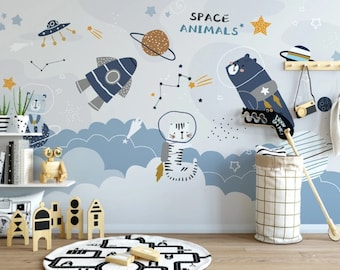 Space Animals Wallpaper: Blue Nursery Decor, Kids Room