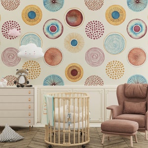 Abstract Watercolor Circle Nursery Wallpaper, Pastel Color Living Room and Powder Room Wall Mural