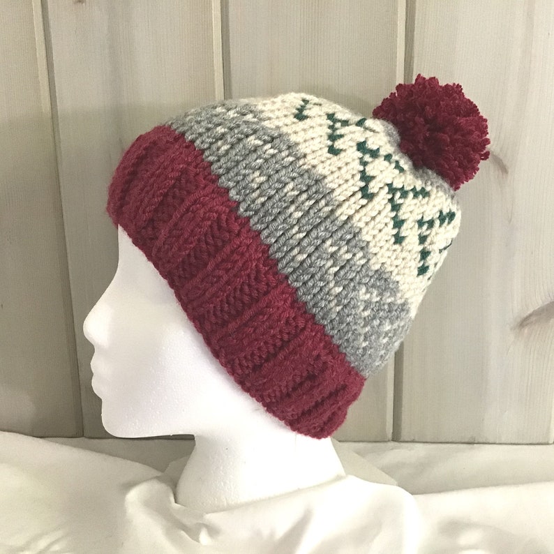 Knitted wool blend bobble hat Hand knit Fair Isle hat Gift for women Knitted pompom beanie Pompom Fair Isle wool mix hat