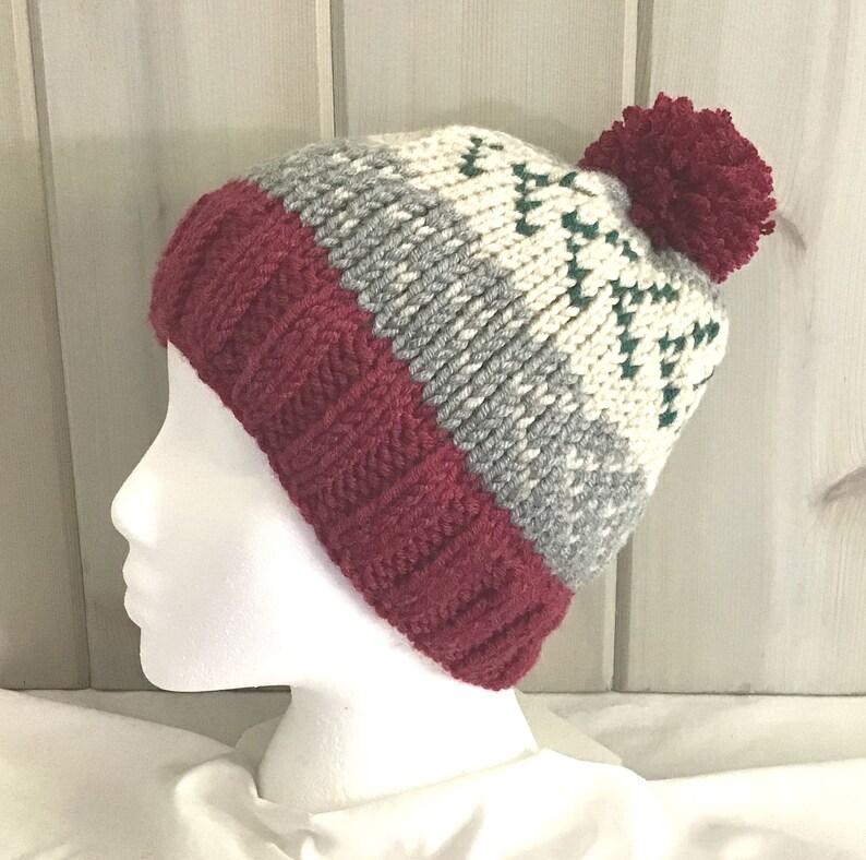 Knitted wool blend bobble hat Hand knit Fair Isle hat Gift for women Knitted pompom beanie Pompom Fair Isle wool mix hat