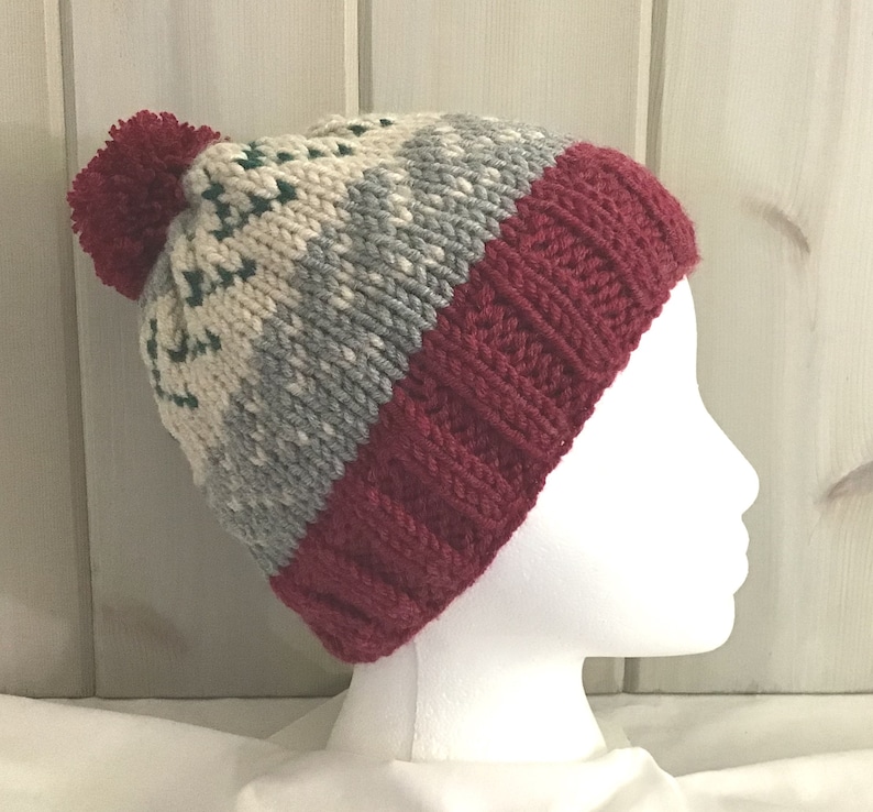 Knitted wool blend bobble hat Hand knit Fair Isle hat Gift for women Knitted pompom beanie Pompom Fair Isle wool mix hat