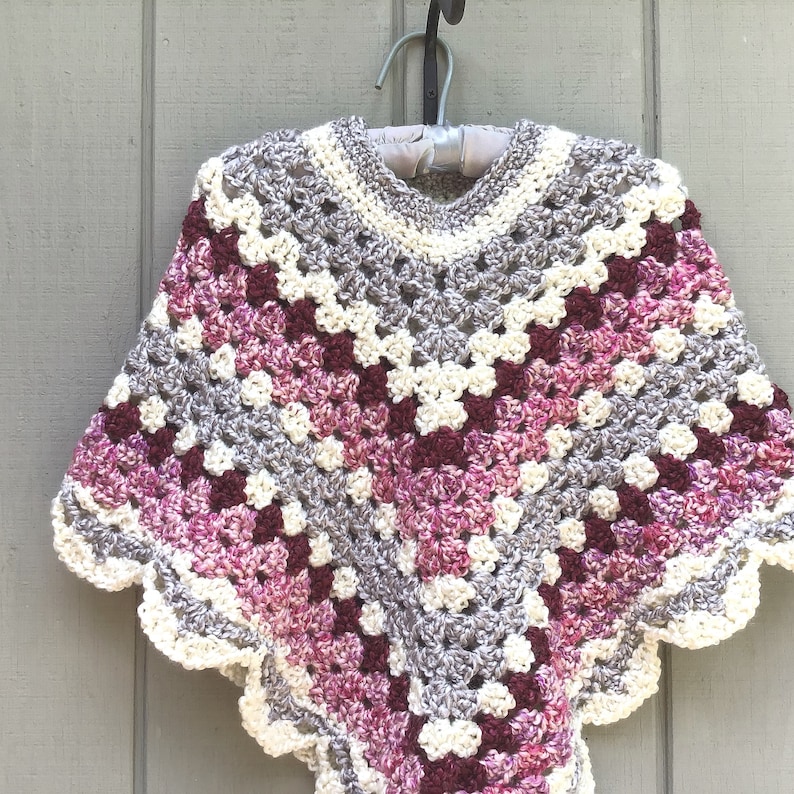 Gift for women Bohemian crocheted shawl Boho poncho Womens medium burgundy stripe poncho