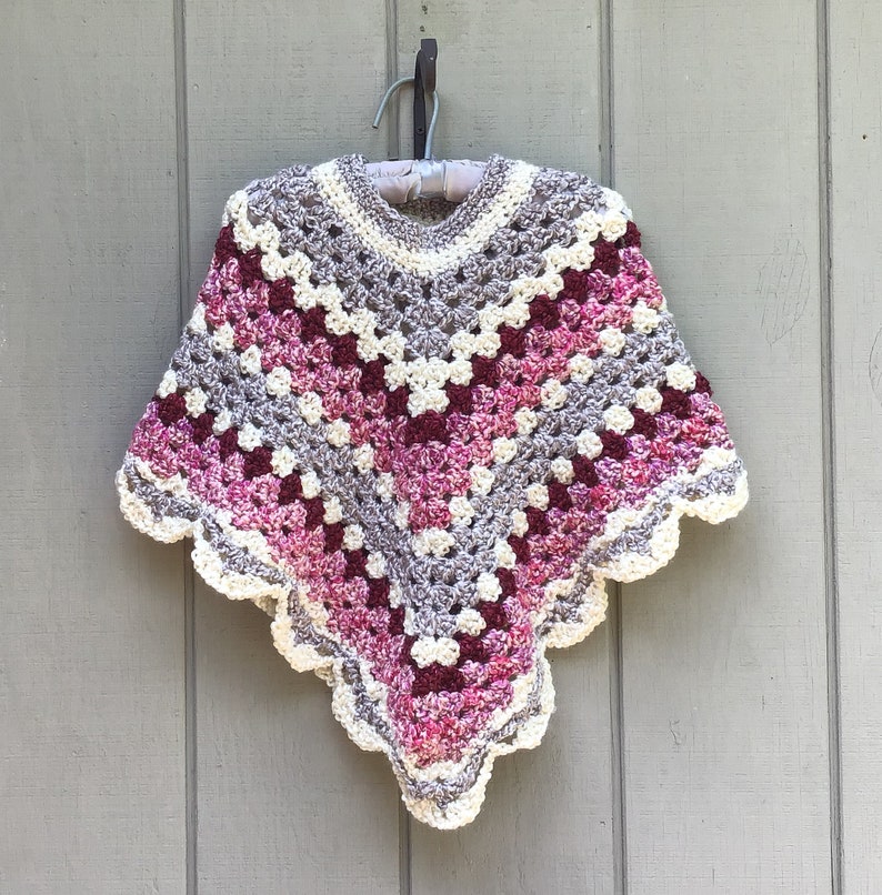 Gift for women Bohemian crocheted shawl Boho poncho Womens medium burgundy stripe poncho