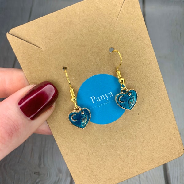 Blue Heart Earrings, Gold Plated Earrings, Moon and Star, Space Jewellery, Celestial Earrings