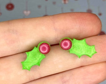 Holly Earrings, Christmas Earrings, Christmas Studs, Novelty Earrings, Resin Earrings, Festive Jewellery, Stocking Filler for Her