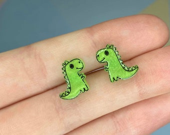 Dinosaur Stud Earrings, Dino Earrings, T Rex Earrings, Animal Studs, Green Dinosaur Earrings, Resin Earrings, Secret Santa Gift for Her