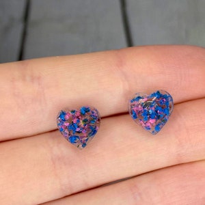 Pressed Flower Earrings, Heart Stud Earrings, Pink and Blue Earrings, Resin Earrings, Real Flower, Botanical Earrings, Gift for Her