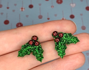 Holly Earrings, Christmas Earrings, Christmas Studs, Glitter Earrings, Festive Jewellery, Stocking Filler for Her, Secret Santa Gift