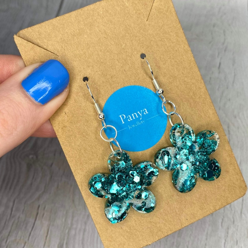 Silver Plated Earrings Chunky Glitter Jewellery Green Flower Resin Earrings