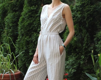 Made to measure linen wrap jumpsuit/ natural white strips color/ casual jumpsuit for women/ summer jumpsuit/