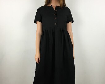 Made to order Linen dress/ Linen women dress / Linen summer dress/ black dress/ Linen black dress/ dress with front buttons