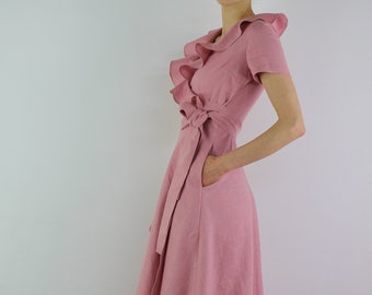Made to measure wrap linen dress for women/ Linen casual dress / Linen wrap summer dress