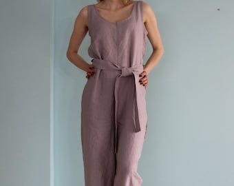 Op maat gemaakte linnen jumpsuit / Stoffige roos kleur / casual jumpsuit voor vrouwen / Loose fit / Wide legged broek / Zomer jumpsuit