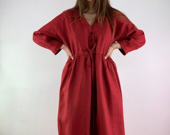 Made to order/ pure linen dress for women with long sleeves/ casual dress/ Linen summer dress/ button front/ V-neckline