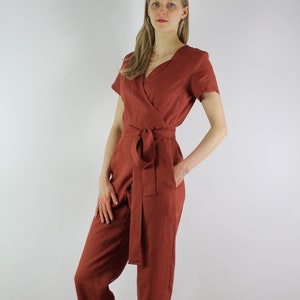 Made to measure wrap linen jumpsuit/ Terracotta color/ casual jumpsuit for women