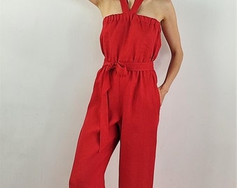 Op maat gemaakte linnen jumpsuit / felrode kleur / casual jumpsuit voor vrouwen / Losse pasvorm / broek met wijde pijpen / zomer jumpsuit