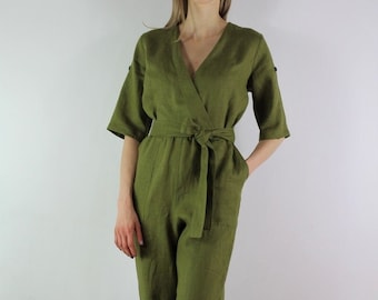 Made to measure wrap linen jumpsuit/ olive color/ casual jumpsuit for women/ women jupsuit