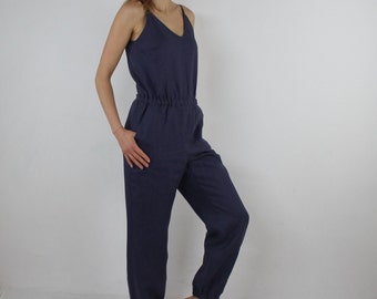 Combinaison en lin pour femmes / Combinaison décontractée en lin / Combinaison d’été en lin / Combinaison à jambes recadrées