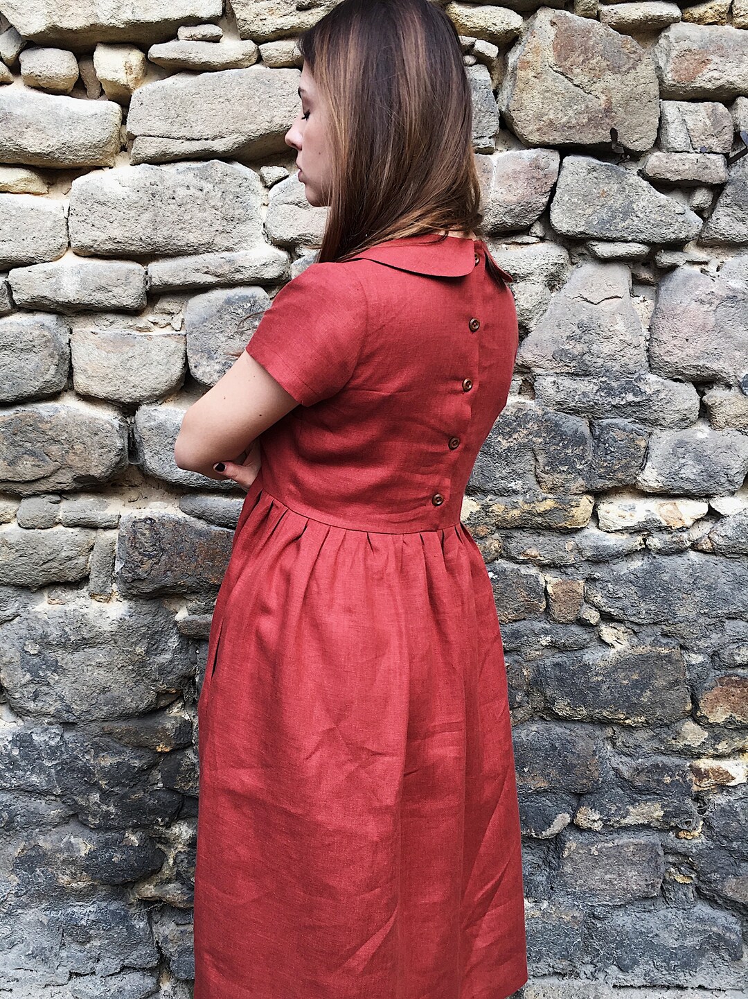 knee length dresses for ladies Linen Day Dress in Woodland Green Check