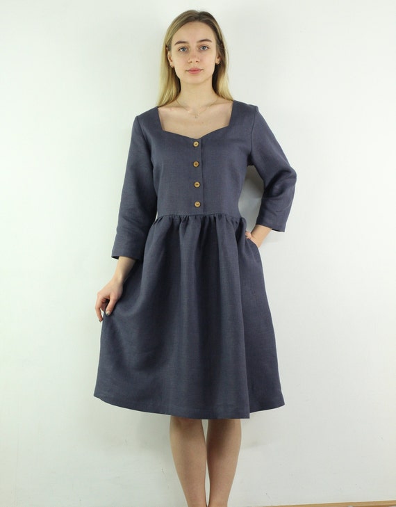 white christmas dresses Classic 100% Cotton A-Line Dress with 3/4 Sleeves Heather Grey / Medium main image 1