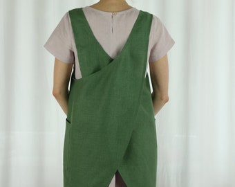 Japanese Apron/ Linen apron/ Cross back Apron/ Modern Apron/ Aprons for women/ Green linen apron