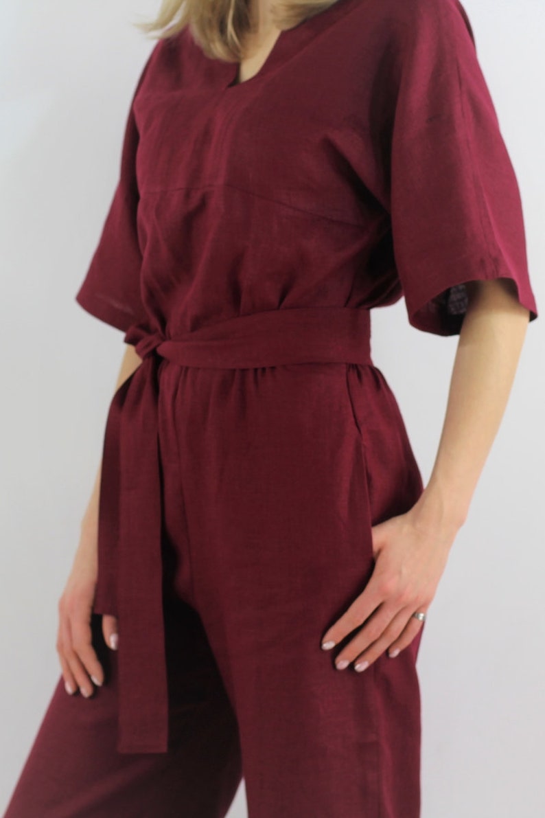 Made to measure linen jumpsuit/ Burgundy color casual jumpsuit for women/ Loose fit/ durable/ linen jumpsuit image 4