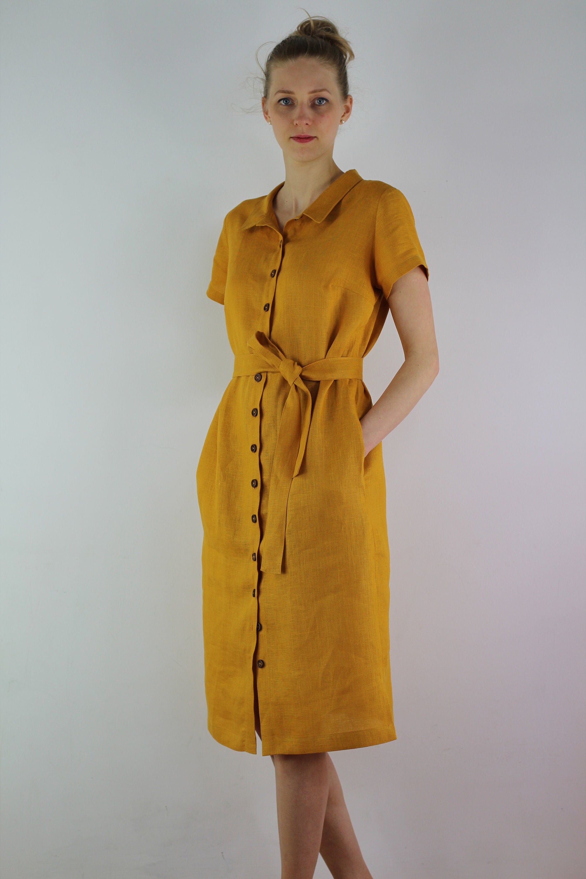 Made to Order Linen Mustard Dress Button Down Dress Linen Casual