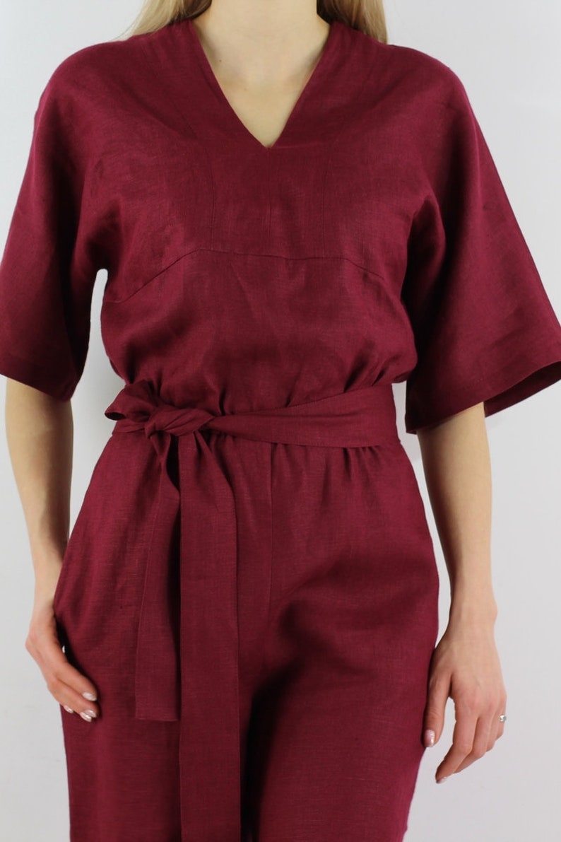 Made to measure linen jumpsuit/ Burgundy color casual jumpsuit for women/ Loose fit/ durable/ linen jumpsuit image 3