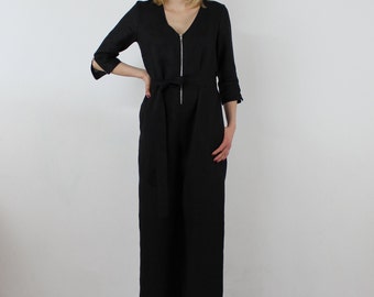 Made to measure linen jumpsuit/ Black color casual jumpsuit for women/ Loose fit/ durable/ linen jumpsuit