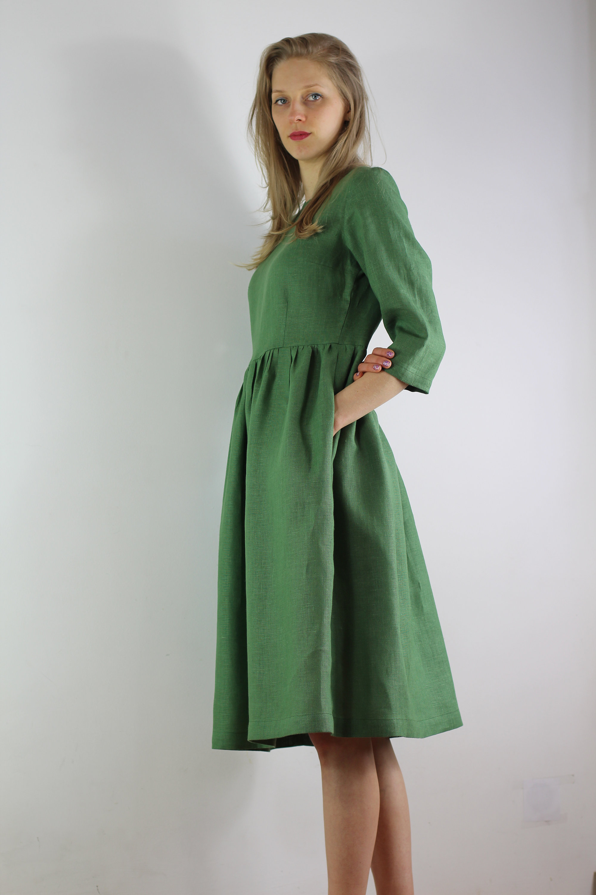 Women Summer Artsy Pure Color 100 Linen O Neck Dress main image 0