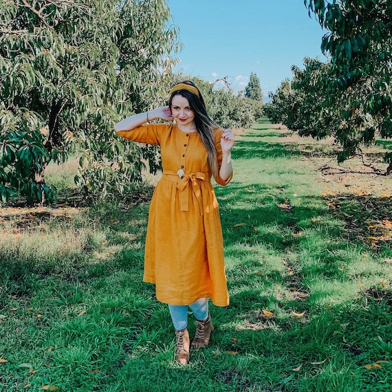 knee length dresses for ladies Shop Finch Linen Dress- Mustard Yellow at Industale – INDUSTALE main image 1