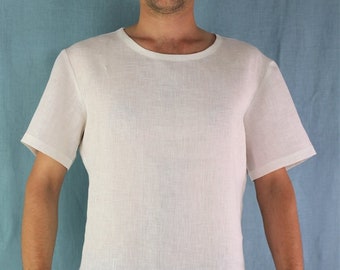 Made to measure men's white linen T-shirt, short sleeve shirt, natural linen shirt, casual T-shirt for men, loosely fitted linen shirt