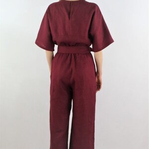 Made to measure linen jumpsuit/ Burgundy color casual jumpsuit for women/ Loose fit/ durable/ linen jumpsuit image 2