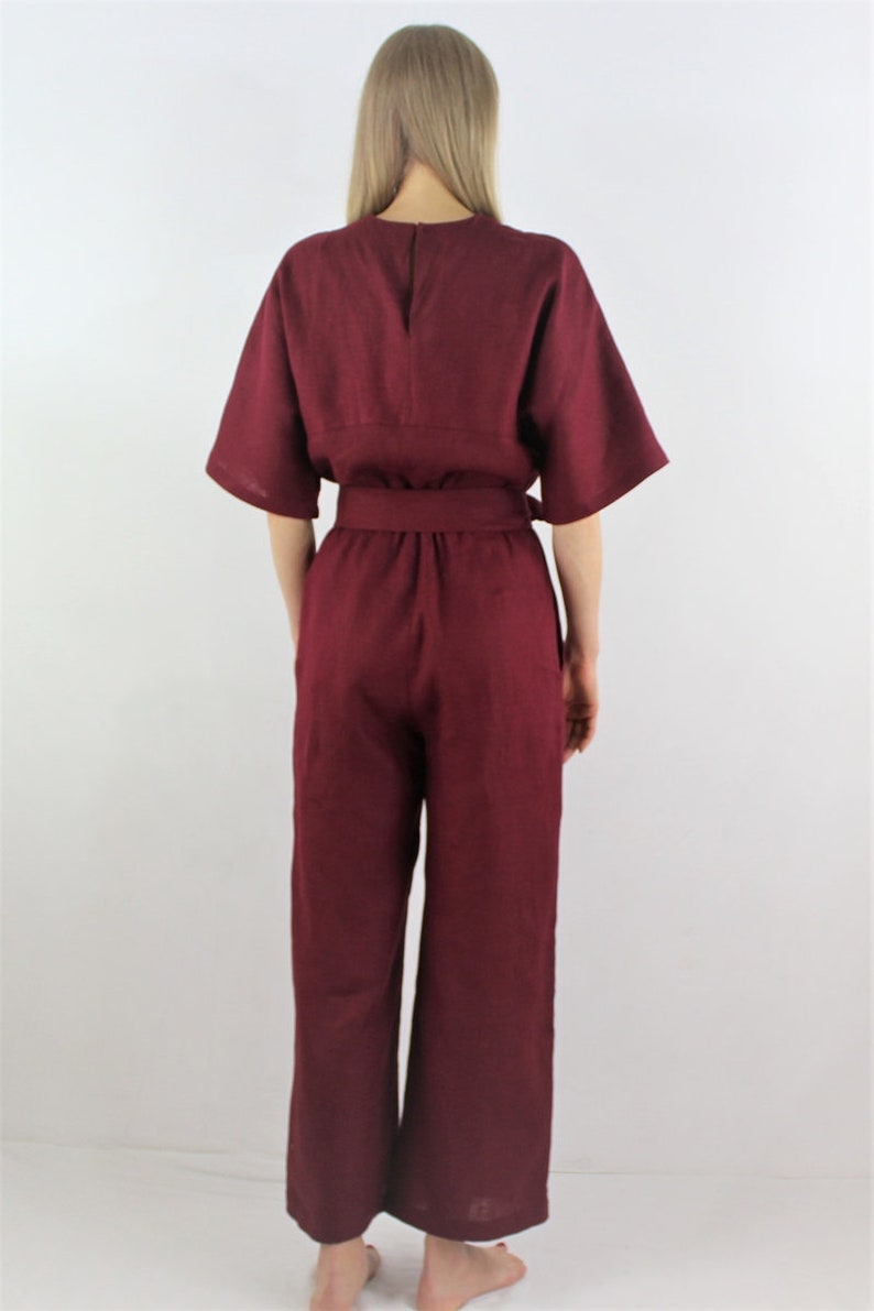 Made to measure linen jumpsuit/ Burgundy color casual jumpsuit for women/ Loose fit/ durable/ linen jumpsuit image 2