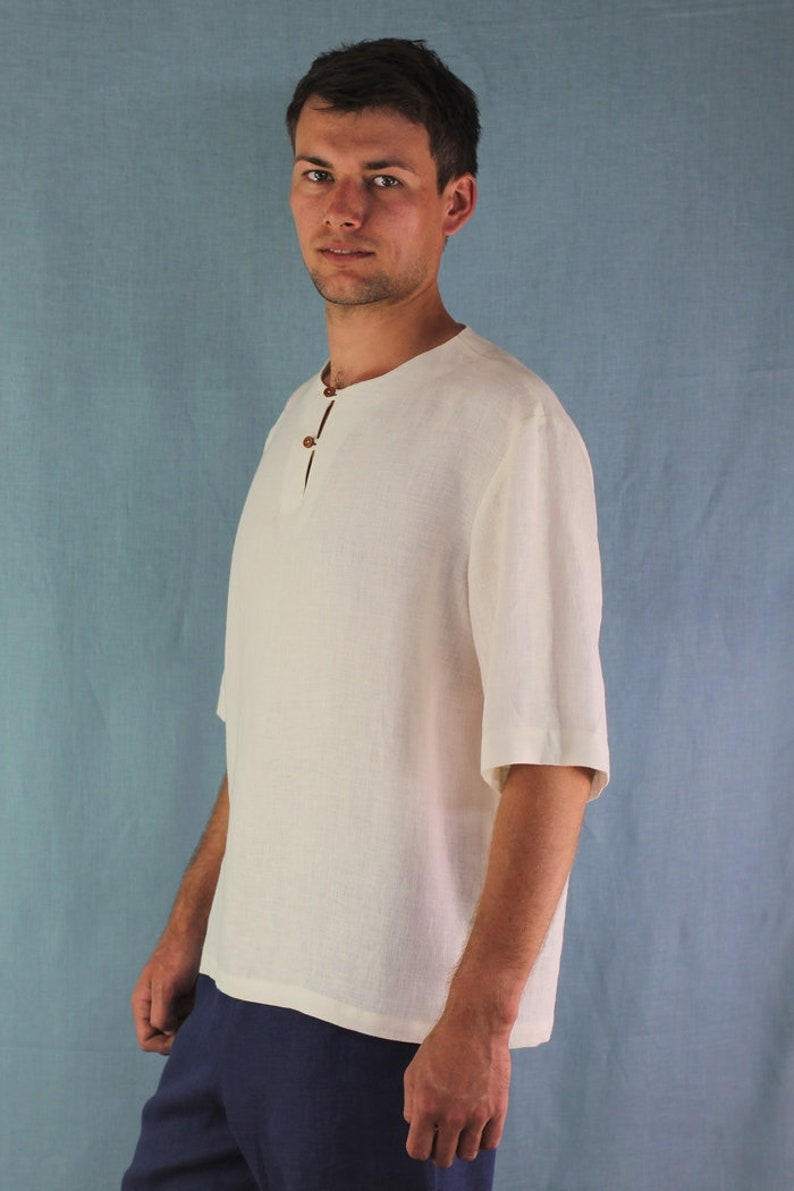 Made to measure men's white linen T-shirt, 1/2 sleeve shirt, natural linen shirt, ftont button, casual T-shirt for men, loosely fitted shirt image 1